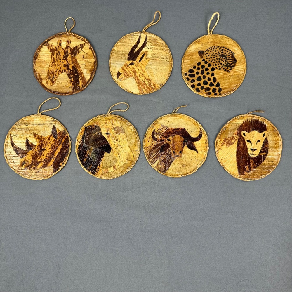 Vintage African Banana Leaf Fiber Safari Animal Wall Art – Set of 7